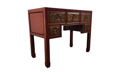 Lot 1507 - CHINESE RED LACQUERED AND GILDED KNEEHOLE DESK OR DRESSING TABLE