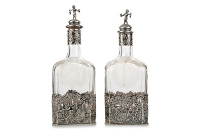 Lot 1073 - PAIR OF CONTINENTAL SILVER MOUNTED WINE DECANTERS