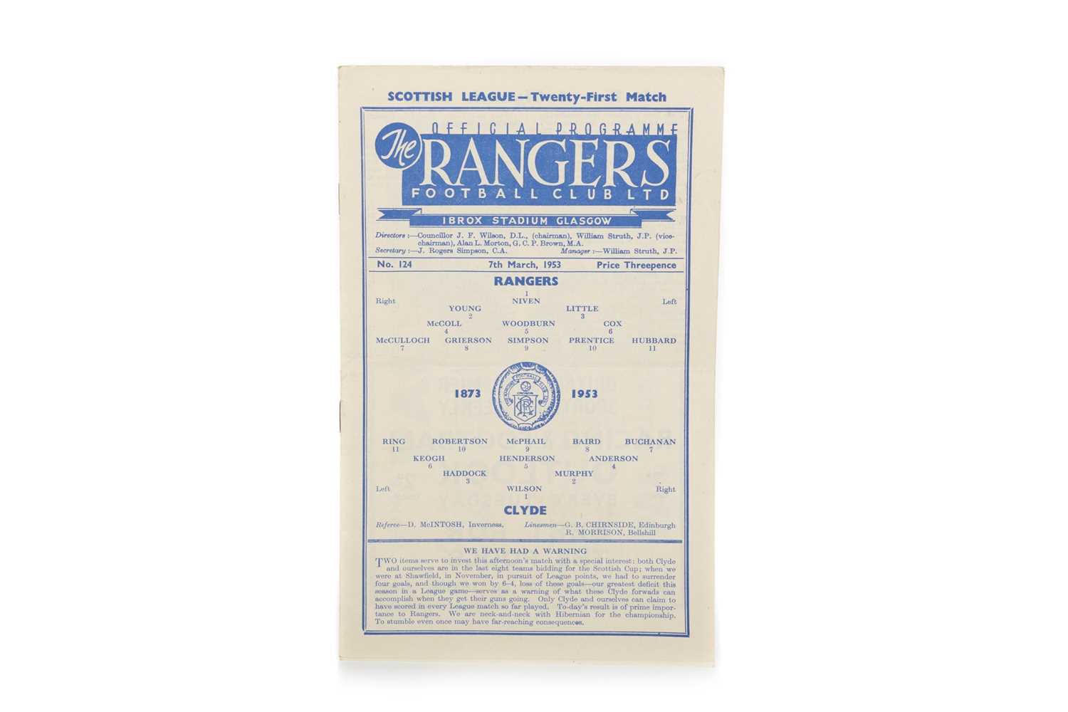 RANGERS V CLYDE LEAGUE FOOTBALL PROGRAMME,