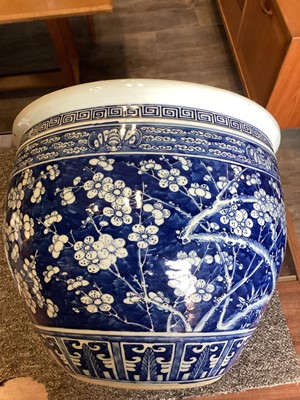 Lot 1528 - CHINESE BLUE AND WHITE FISH BOWL