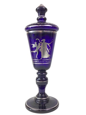 Lot 176 - VINTAGE COBALT BLUE AND SILVER OVERLAY LIDDED CHALICE