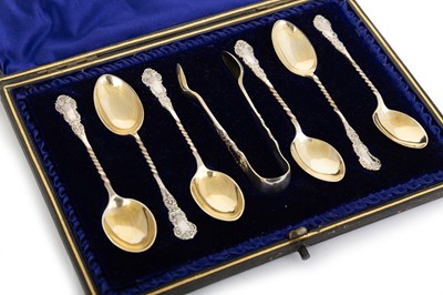 Lot 1089 - LATE VICTORIAN SET OF SILVER TEASPOONS AND TONGS