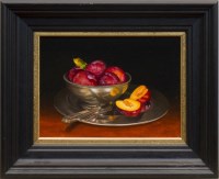Lot 245 - * HILARY GAUCI, SILVER AND PEACHES oil on...