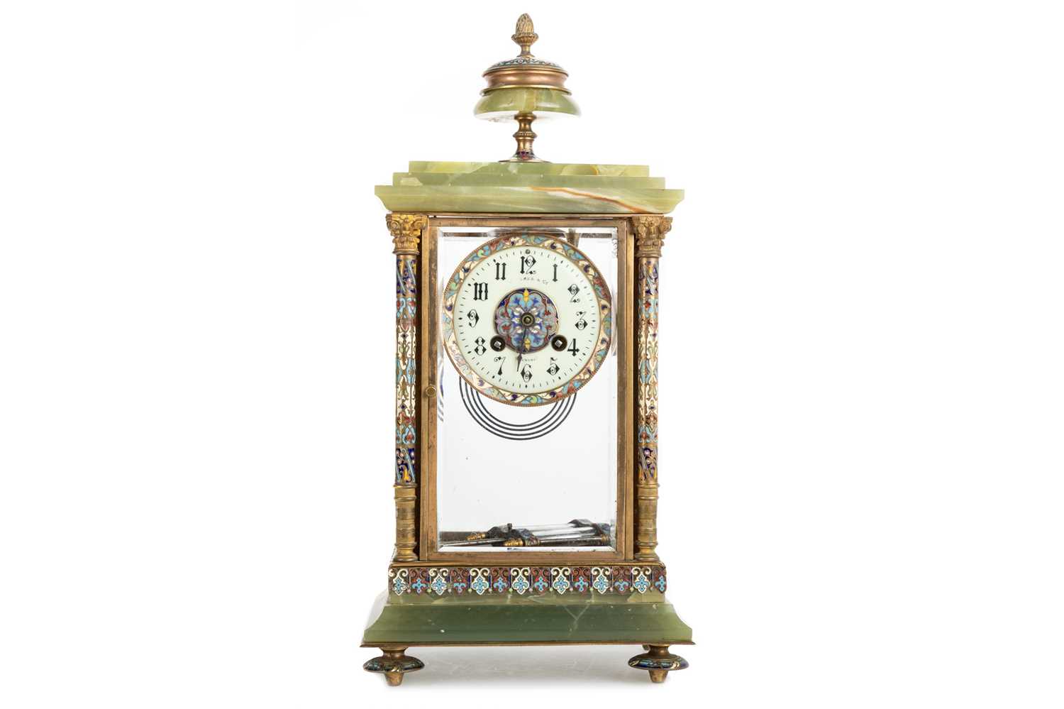 Lot 997 - FRENCH ONYX AND CHAMPLEVE ENAMEL MANTEL CLOCK