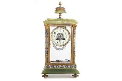 Lot 997 - FRENCH ONYX AND CHAMPLEVE ENAMEL MANTEL CLOCK