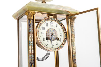 Lot 997 - FRENCH ONYX AND CHAMPLEVE ENAMEL MANTEL CLOCK