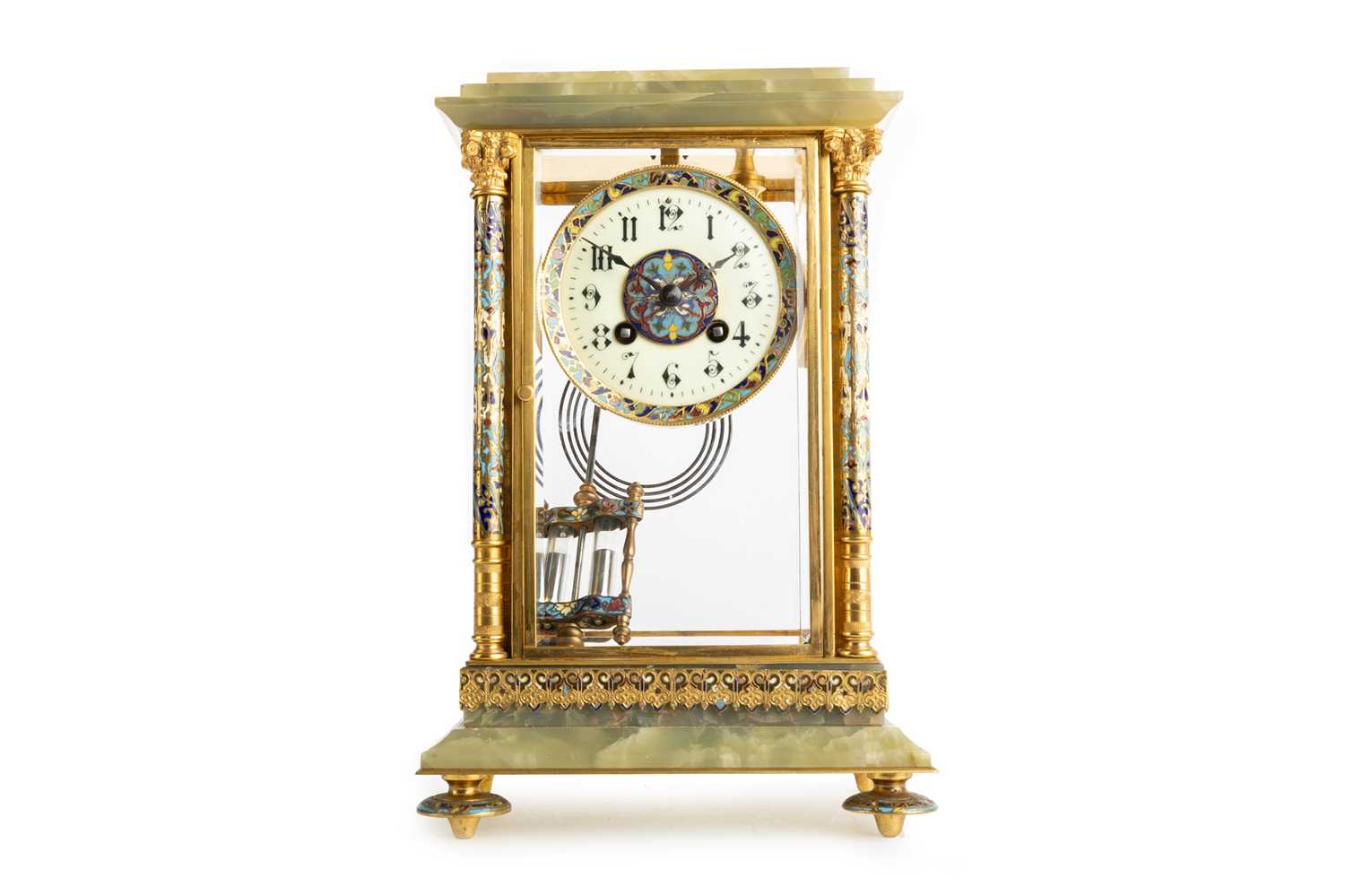 Lot 998 - FRENCH ONYX AND CHAMPLEVE ENAMEL MANTEL CLOCK