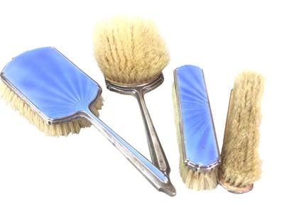 Lot 654 - FOUR PIECE SILVER AND BLUE ENAMEL DRESSING TABLE SET