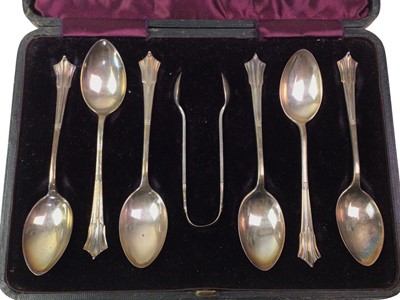 Lot 782 - SET OF SIX SILVER COFFEE SPOONS AND SUGAR TONGS