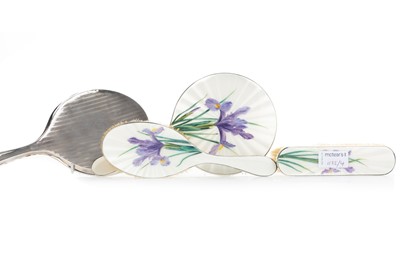 Lot 1122 - SILVER AND GUILLOCHE ENAMEL THREE PIECE DRESSING TABLE SET