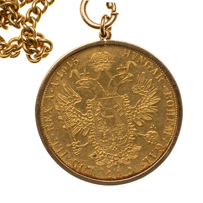 Lot 11 - GOLD AUSTRIAN FOUR DUCAT COIN PENDANT ON CHAIN