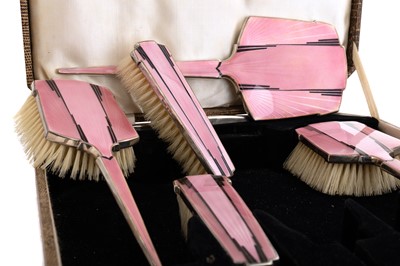 Lot 1130 - ART DECO SILVER AND PINK ENAMEL DRESSING TABLE SET