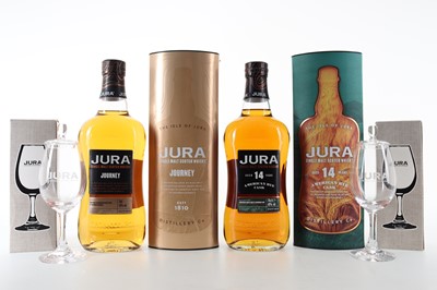 Lot 252 - JURA 14 YEAR OLD AMRICAN RYE CASK AND JURA JOURNEY WITH 2 BRANDED TASTING GLASSES