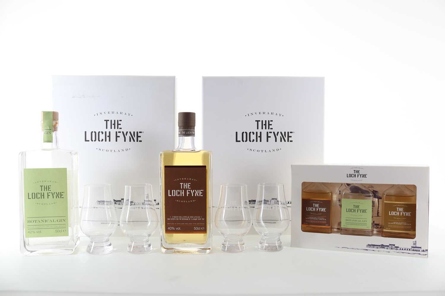 Lot 256 - 2 LOCH FYNE GIFT SETS WITH GLASSES - CHOCOLATE & ORANGE LIQUEUR 50CL AND BOTANICAL GIN 50CL
