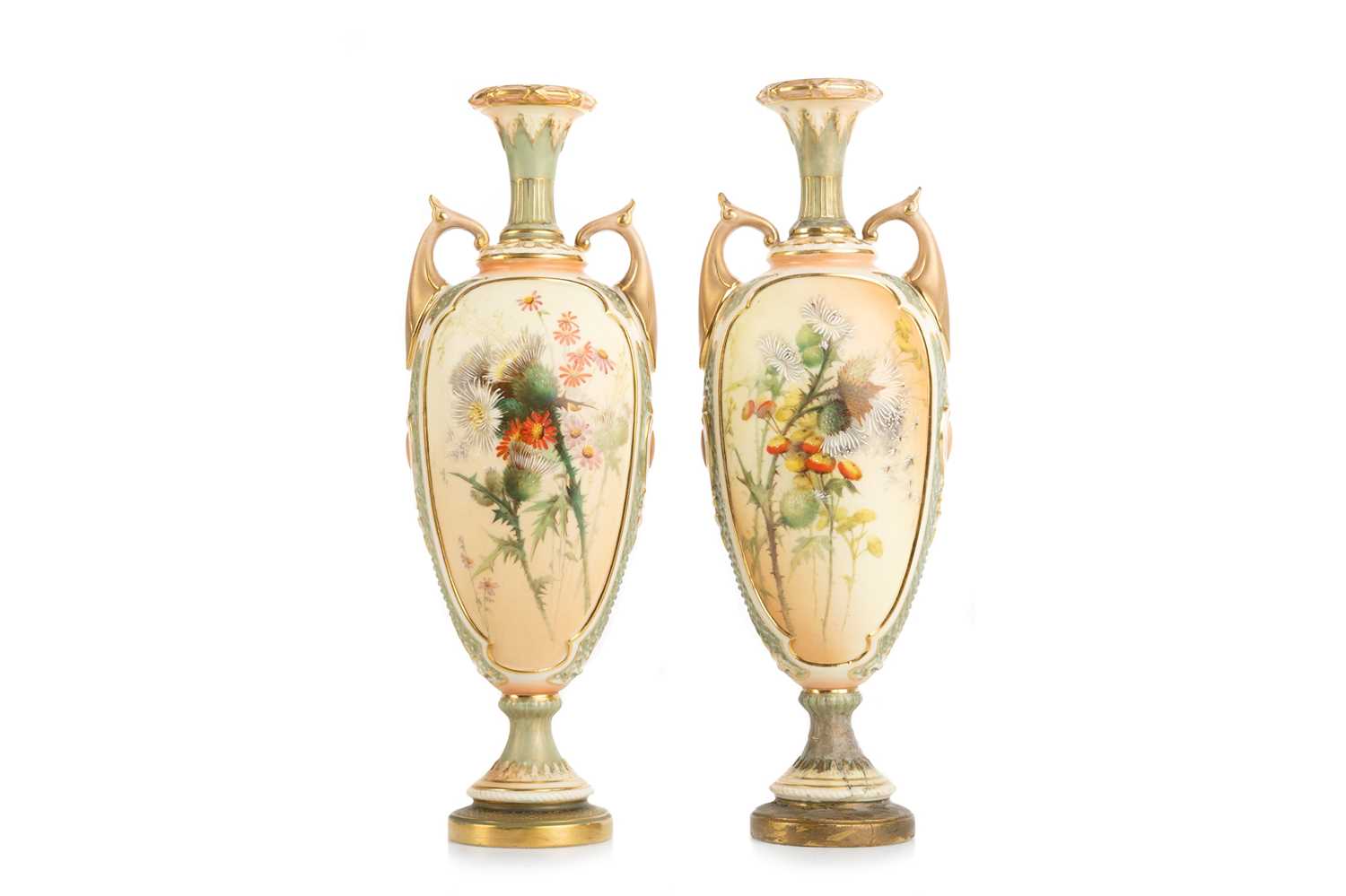 Lot 1303 - PAIR OF ROYAL WORCESTER BLUSH IVORY VASES