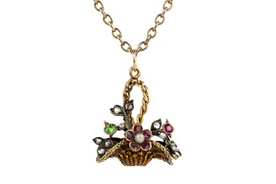 Lot 539 - EDWARDIAN GEM SET AND DIAMOND FLOWER BASKET PENDANT ON CHAIN