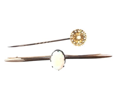 Lot 693 - OPAL BAR BROOCH AND A SEED PEARL STICK PIN