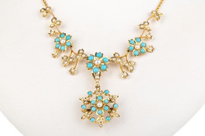Lot 596 - TURQUOISE AND SEED PEARL NECKLET WITH DETACHABLE SECTION