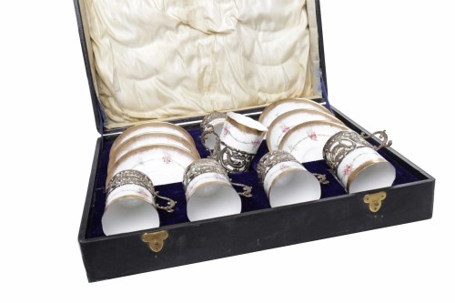 Lot 791 - HAND-PAINTED SIX PIECE TEA SERVICE WITH SILVER...