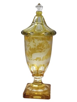 Lot 125 - BOHEMIAN ENGRAVED AMBER AND CLEAR GLASS POKAL