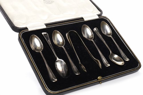 Lot 323 - SET OF SIX SILVER COFFEE SPOONS AND TONGS...