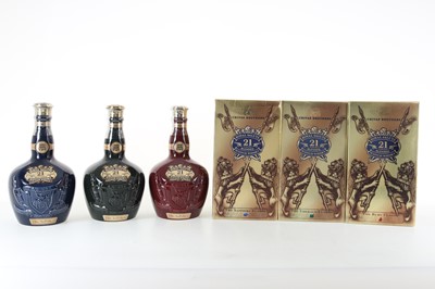 Lot 336 - CHIVAS ROYAL SALUTE 21 YEAR OLD RUBY, EMERALD AND SAPPHIRE DECANTERS