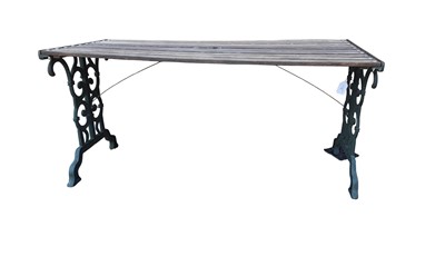 Lot 488 - CAST IRON FRAMED WOODEN GARDEN TABLE