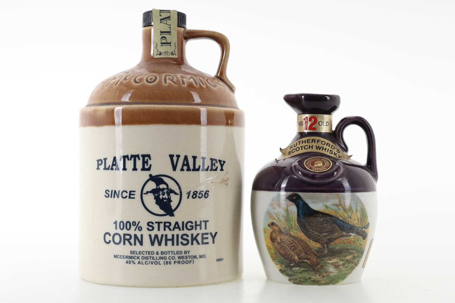 Lot 215 - MCCORMICK PLATTE VALLEY AND RUTHERFORD'S 12 YEAR OLD GROUSE MINI DECANTER 6 2/3 FL OZ