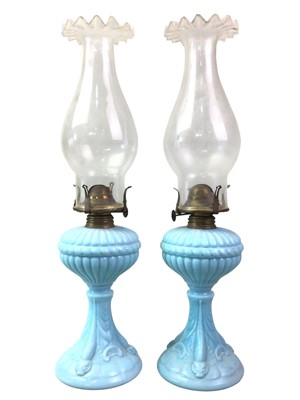 Lot 98 - PAIR OF ART NOUVEAU GLASS OIL LAMPS