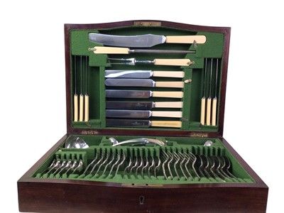 Lot 79 - MAHOGANY INLAID TABLE TOP CANTEEN OF SILVER PLATED CUTLERY