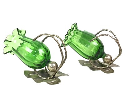 Lot 265 - PAIR OF GREEN GLASS TULIP SHAPED FLOWER HOLDERS
