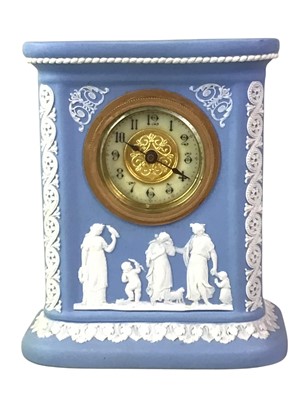 Lot 286 - WEDGWOOD BLUE JASPERWARE CLOCK GARNITURE