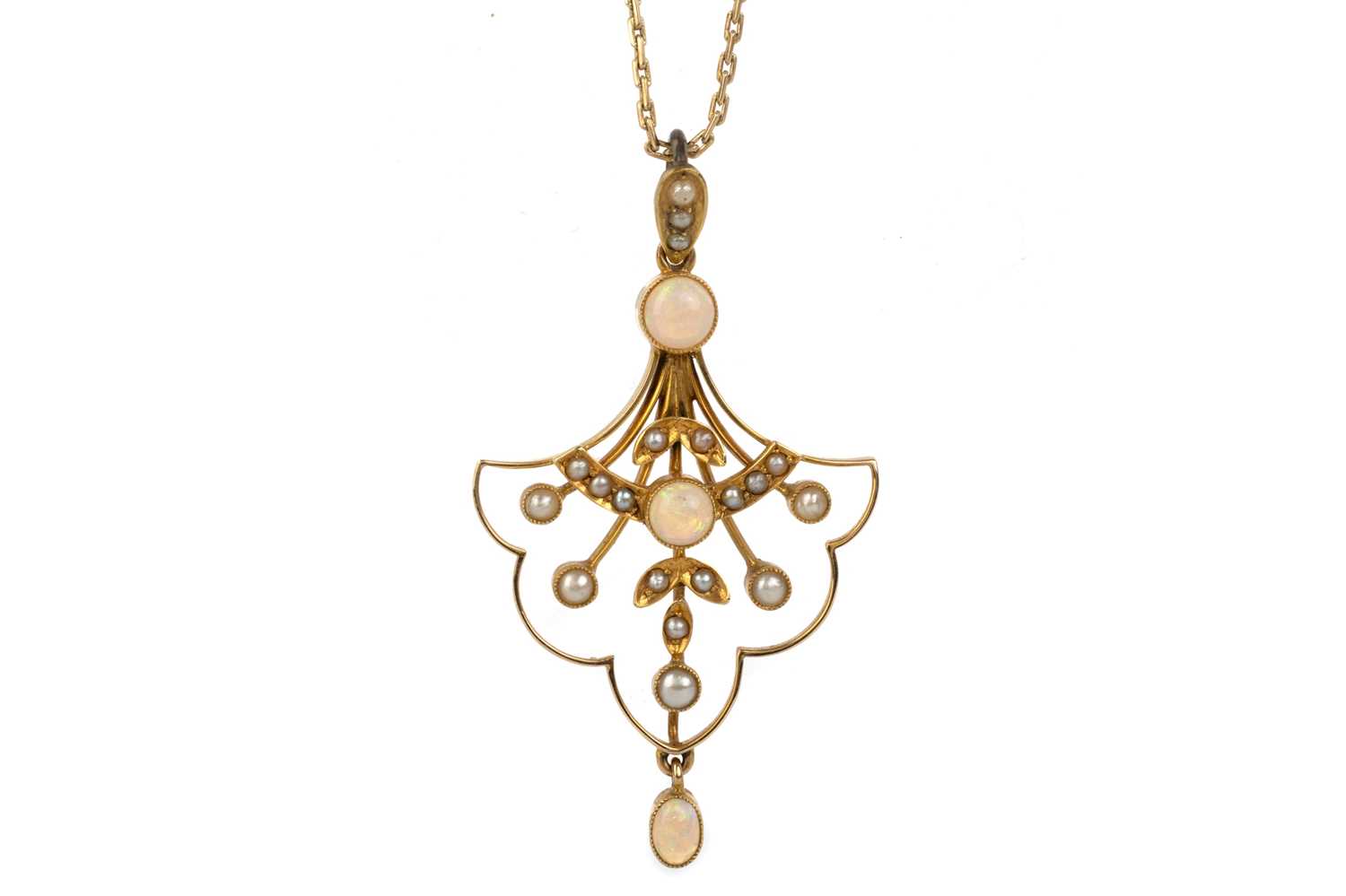 Lot 463 - EDWARDIAN OPAL AND SEED PEARL HOLBEIN