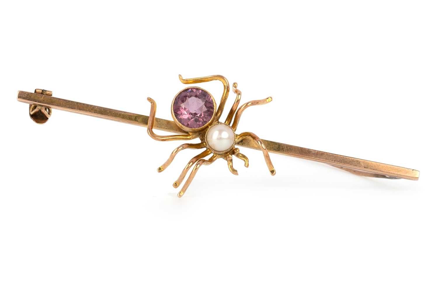 Lot 467 - PINK TOPAZ AND PEARL SPIDER BAR BROOCH