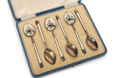 Lot 879 - SET OF SIX GEORGE V SILVER AND ENAMEL COFFEE SPOONS
