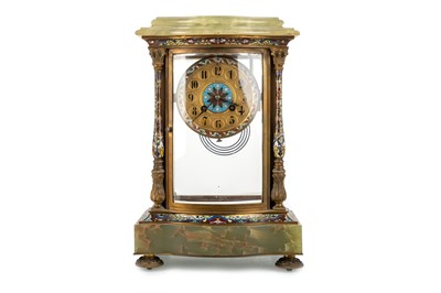 Lot 1053 - FRENCH GREEN ONYX AND CHAMPLEVE ENAMEL FOUR GLASS MANTEL CLOCK