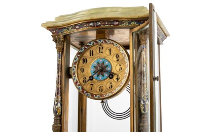 Lot 1053 - FRENCH GREEN ONYX AND CHAMPLEVE ENAMEL FOUR GLASS MANTEL CLOCK