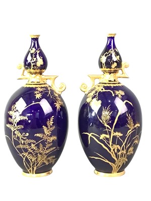 Lot 253 - PAIR OF ROYAL CROWN DERBY COBALT BLUE OVOID VASES