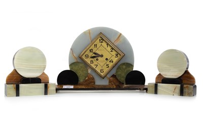 Lot 1059 - FRENCH MARBLE AND SLATE ART DECO GARNITURE CLOCK