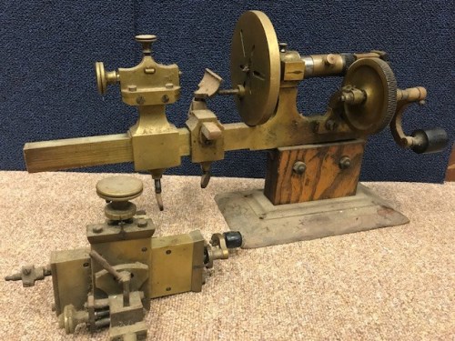 Lot 1312 - VICTORIAN WATCHMAKERS BRASS HAND CRANKED LATHE...