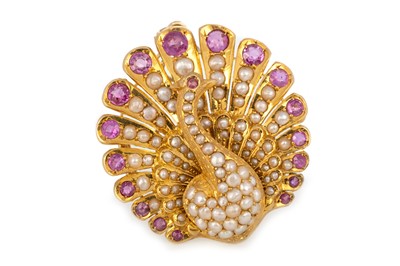 Lot 420A - RUBY AND SEED PEARL PEACOCK PENDANT BROOCH