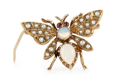 Lot 632 - OPAL AND SEED PEARL FLY BROOCH