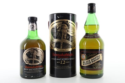 Lot 328 - BUNNAHABHAIN 12 YEAR OLD 75CL AND BLACK BOTTLE 75CL