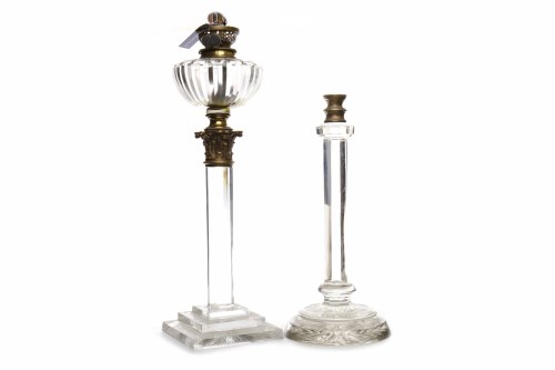 Lot 1393 - TWO CUT GLASS OIL LAMPS one with square base...