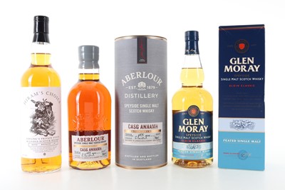 Lot 421 - ABERLOUR CASG ANNAMH BATCH #9, GLEN MORAY PEATED AND ADELPHI HIRAM'S CHOICE
