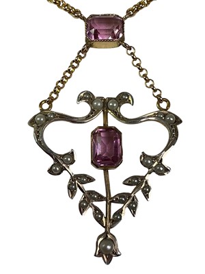 Lot 114 - EDWARDIAN PEARL AND AMETHYST SET PENDANT