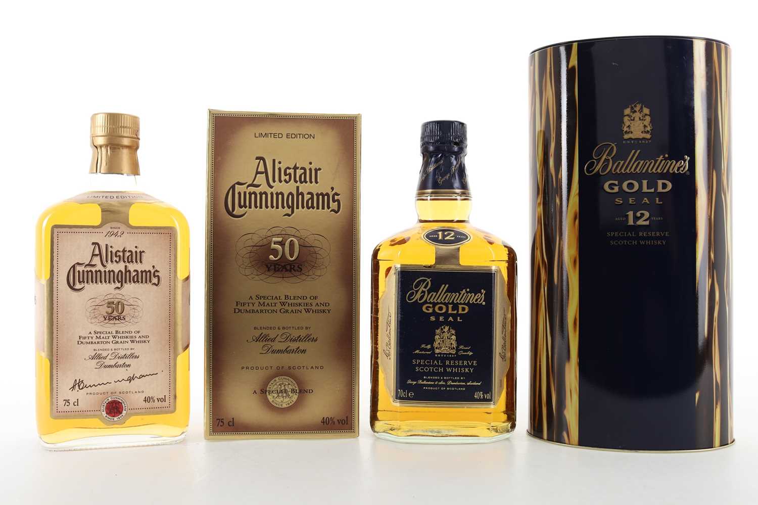Lot 410 - BALLANTINE'S 12 YEAR OLD GOLD SEAL AND ALISTAIR CUNNINGHAM'S 50 YEARS 75CL