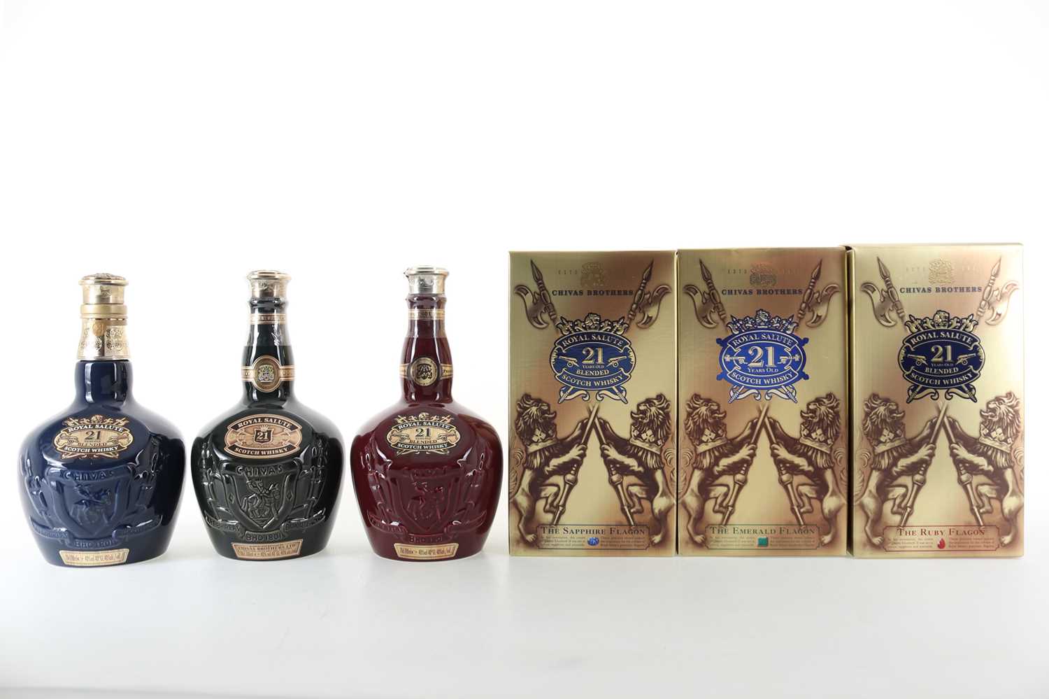 Lot 446 - CHIVAS ROYAL SALUTE 21 YEAR OLD RUBY, EMERALD AND SAPPHIRE DECANTERS