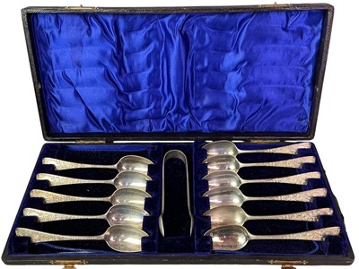 Lot 486 - SET OF SILVER SPOONS AND SUGAR TONGS