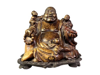 Lot 389 - CARVED WOOD FIGURE OF BUDDHA
